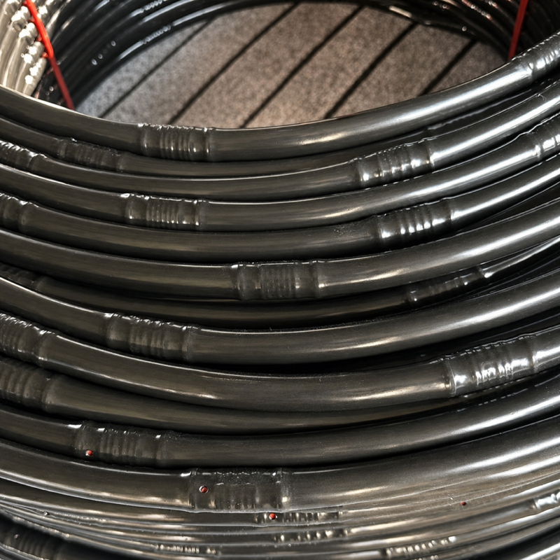 Enhanced close-up of black dripline coils with integrated emitter sections