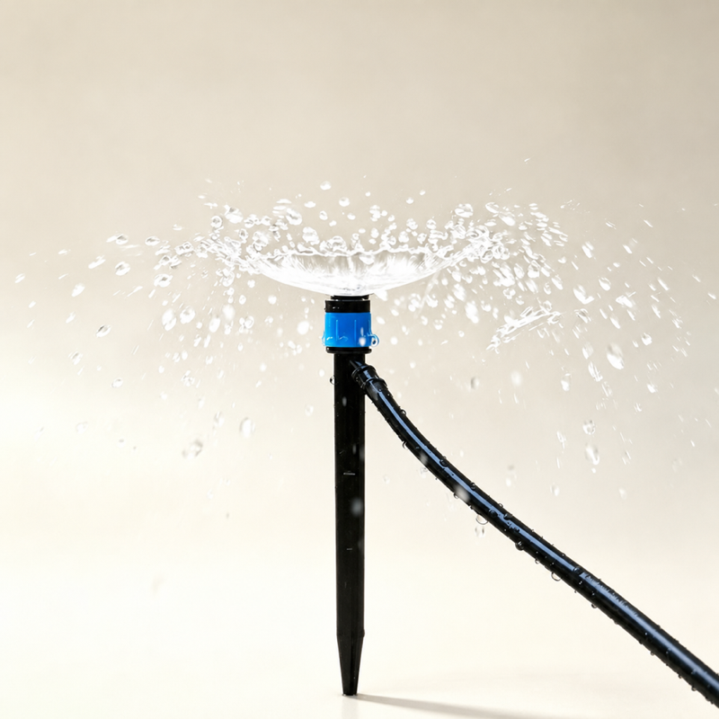 Blue fountain sprinkler operating on a black ground stake