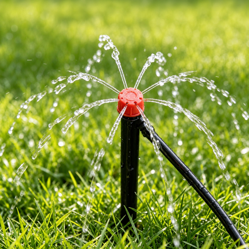 Red-cap ground-stake fountain sprinkler operating on grass